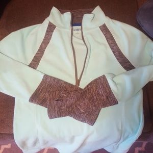 Fleece quarter zip pull over, teal color with gray